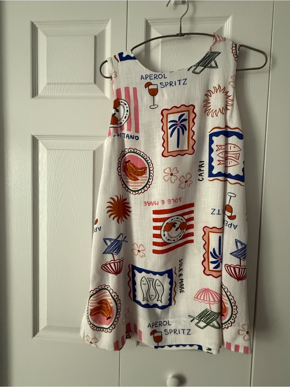 Sleeveless Printed Sundress - White with Multi Color Motifs